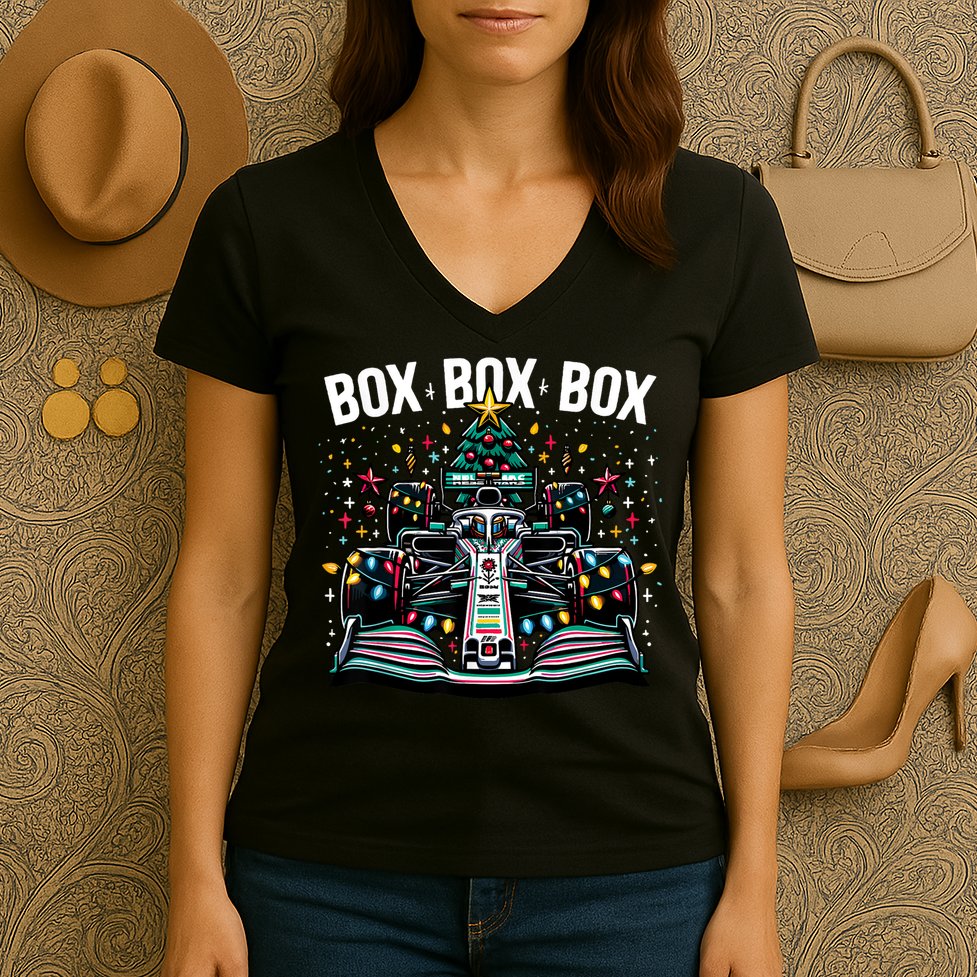 Formula Racing Car Box Box Box Radio Call Fun Christmas Tree Women's V-Neck T-Shirt