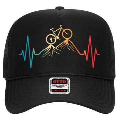 Funny Retro Cycling Heartbeat Bicycle Mountain Bike Biking High Crown Mesh Back Trucker Hat