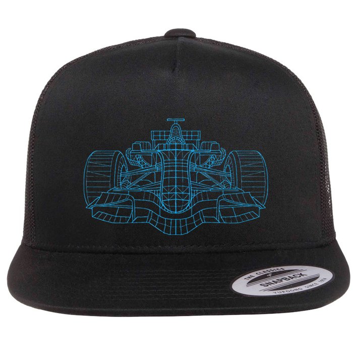 Formula Racing Car Drawing Racing Fan Mechanic Engineer Flat Bill Trucker Hat