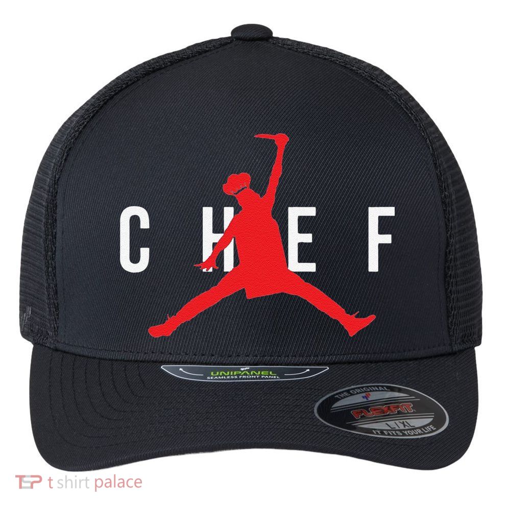 Funny Restaurant Chef Jumping Chef Knife Flexfit Unipanel Trucker Cap