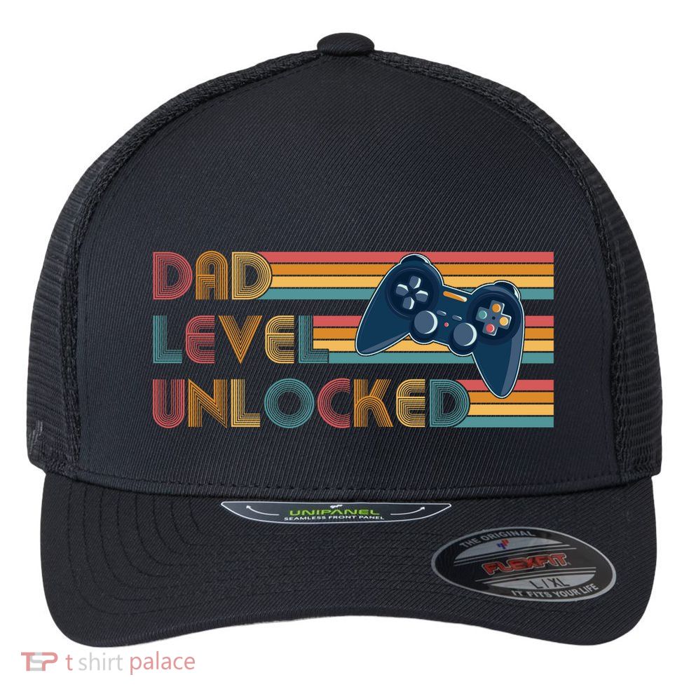 Funny Retro Dad Level Unlocked Gamer Flexfit Unipanel Trucker Cap