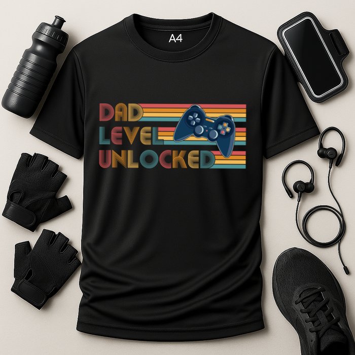 Funny Retro Dad Level Unlocked Gamer Performance Shirt