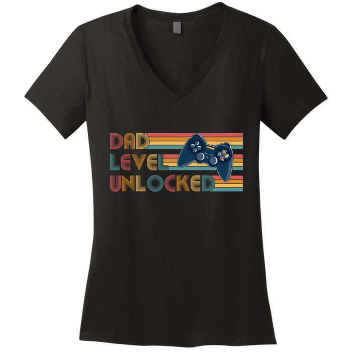 Funny Retro Dad Level Unlocked Gamer Women's V-Neck T-Shirt