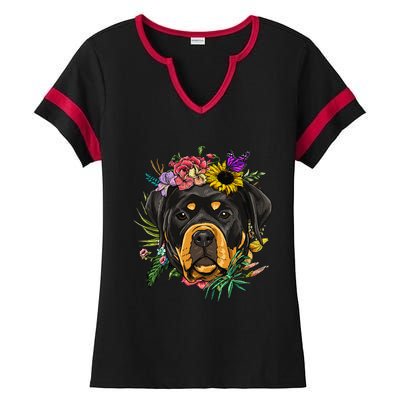 Floral Rottweiler Dog Spring Nature Rottweiler Lovers Ladies Halftime Notch Neck Tee