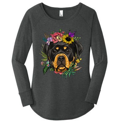 Floral Rottweiler Dog Spring Nature Rottweiler Lovers Women's Perfect Tri Tunic Long Sleeve Shirt