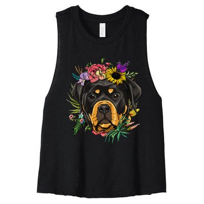 Floral Rottweiler Dog Spring Nature Rottweiler Lovers Women's Racerback Cropped Tank