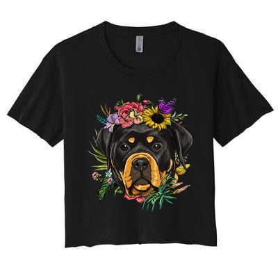 Floral Rottweiler Dog Spring Nature Rottweiler Lovers Women's Crop Top Tee