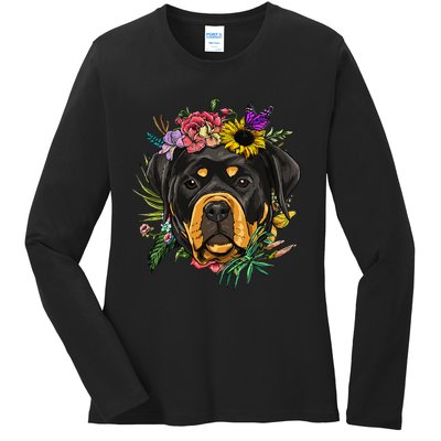 Floral Rottweiler Dog Spring Nature Rottweiler Lovers Ladies Long Sleeve Shirt