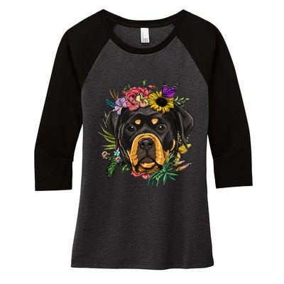 Floral Rottweiler Dog Spring Nature Rottweiler Lovers Women's Tri-Blend 3/4-Sleeve Raglan Shirt