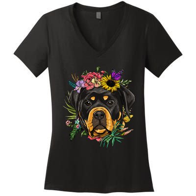 Floral Rottweiler Dog Spring Nature Rottweiler Lovers Women's V-Neck T-Shirt