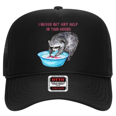 Funny Raccoon Doing Chores High Crown Mesh Back Trucker Hat