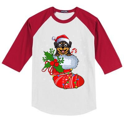 Funny Rottweiler Dog In Christmas Sock Santa Rottweiler Xmas Gift Kids Colorblock Raglan Jersey