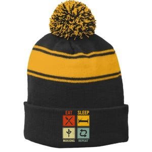 Funny Retro Design For   Eat Sleep Mahjong Repeat Stripe Pom Pom Beanie