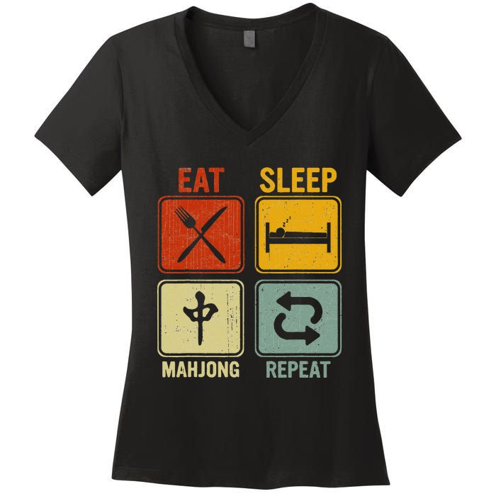 Funny Retro Design For   Eat Sleep Mahjong Repeat Women's V-Neck T-Shirt