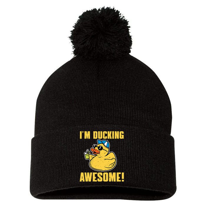 Funny Rubber Ducky Saying Im Ducking Awesome Duckie Pom Pom 12in Knit Beanie