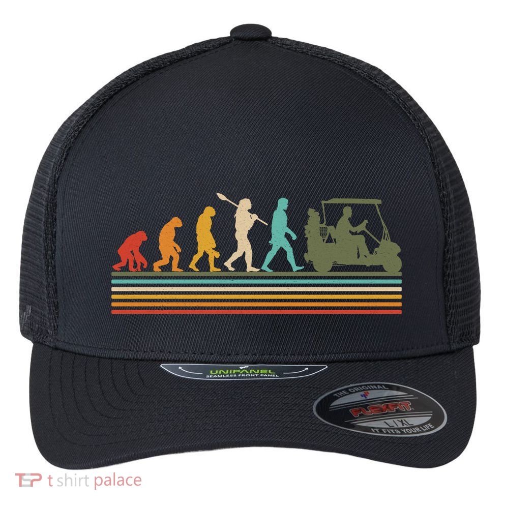 Funny Retro Evolution Of A Golfer Flexfit Unipanel Trucker Cap