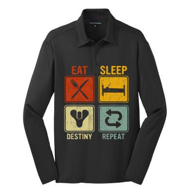 Funny Retro Eat Sleep Destiny Repeat Silk Touch Performance Long Sleeve Polo