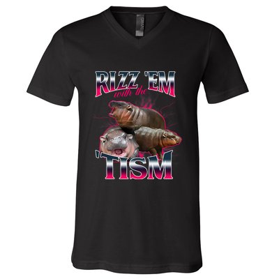 Funny Rizz Em With The Tism Meme Moo Deng Baby Hippo V-Neck T-Shirt