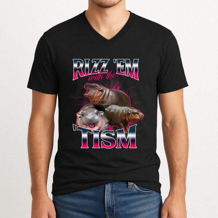 Funny Rizz Em With The Tism Meme Moo Deng Baby Hippo V-Neck T-Shirt