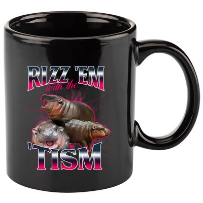 Funny Rizz Em With The Tism Meme Moo Deng Baby Hippo 11oz C Handle Ceramic Mug
