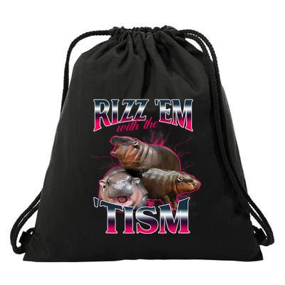 Funny Rizz Em With The Tism Meme Moo Deng Baby Hippo Drawstring Bag