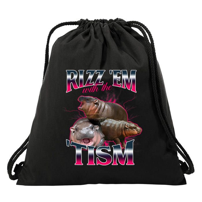 Funny Rizz Em With The Tism Meme Moo Deng Baby Hippo Drawstring Bag