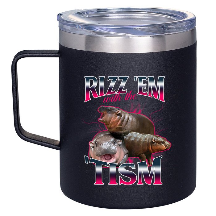 Funny Rizz Em With The Tism Meme Moo Deng Baby Hippo 12oz Stainless Steel Coffee Mug