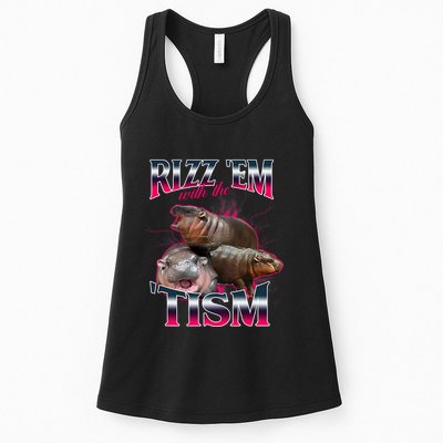 Funny Rizz Em With The Tism Meme Moo Deng Baby Hippo Womens Tank Top