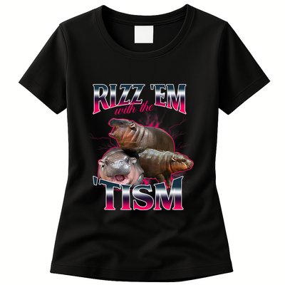 Funny Rizz Em With The Tism Meme Moo Deng Baby Hippo Womens T-Shirt