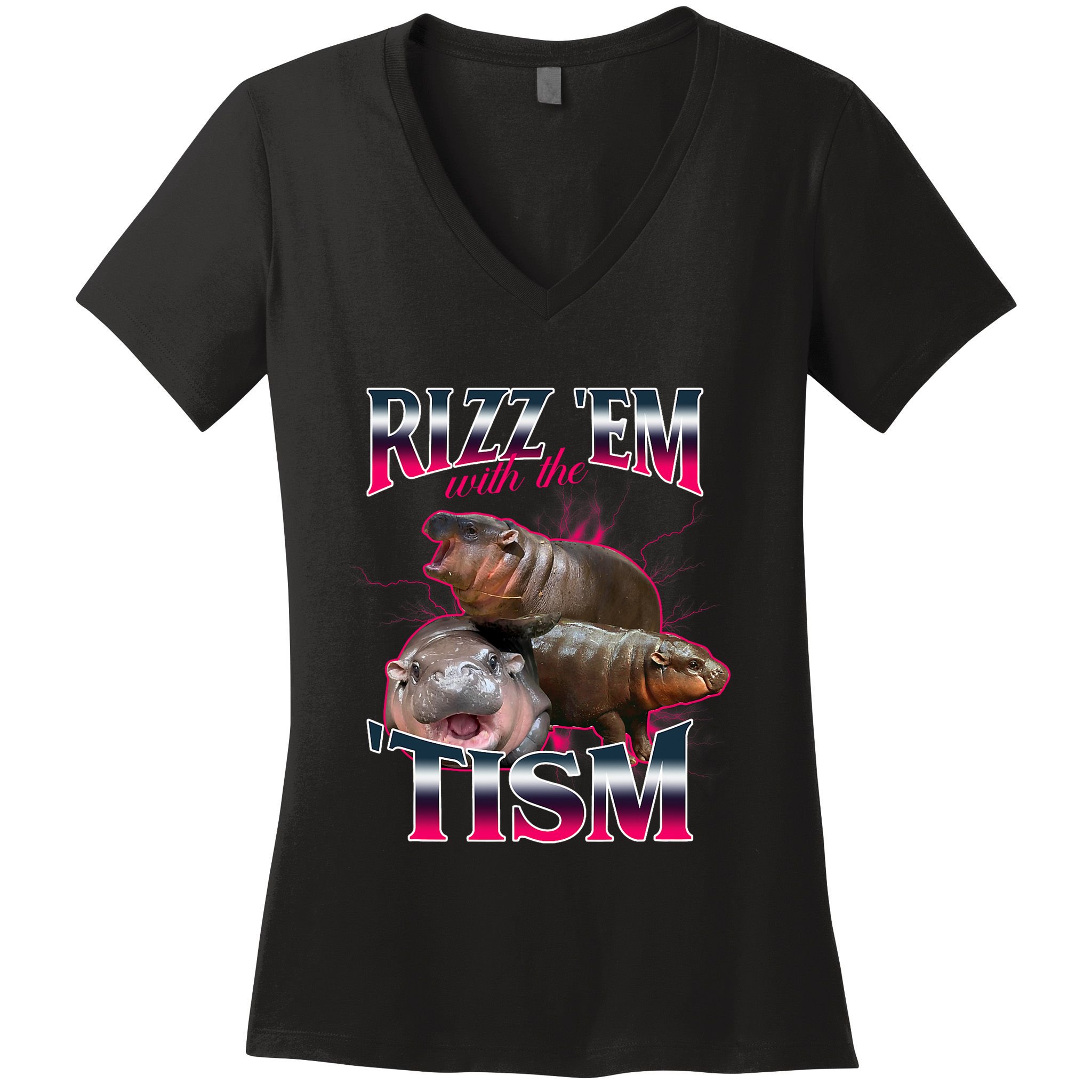 Funny Rizz Em With The Tism Meme Moo Deng Baby Hippo Women's V-Neck T-Shirt