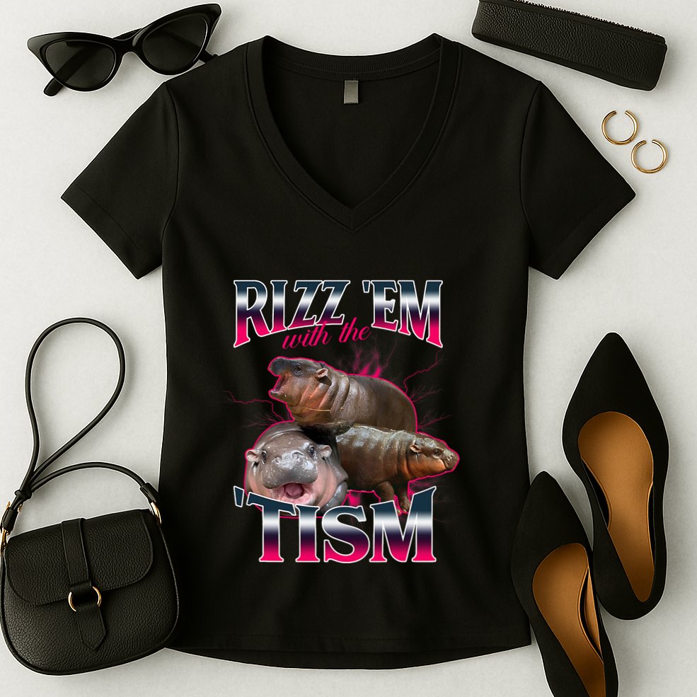 Funny Rizz Em With The Tism Meme Moo Deng Baby Hippo Women's V-Neck T-Shirt