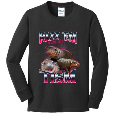 Funny Rizz Em With The Tism Meme Moo Deng Baby Hippo Kids Long Sleeve Shirt