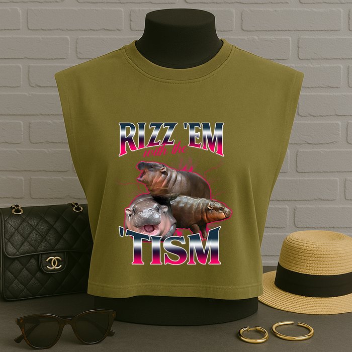Funny Rizz Em With The Tism Meme Moo Deng Baby Hippo Garment-Dyed Women's Muscle Tee