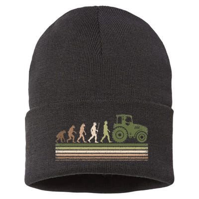 Funny Retro Evolution Tractor Farmer Farming Agriculture Sustainable Knit Beanie