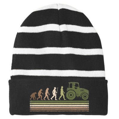 Funny Retro Evolution Tractor Farmer Farming Agriculture Striped Beanie with Solid Band