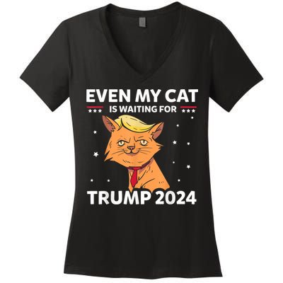 Funny Republicans Even My Cat Is Waiting For Trump 2024 Women's V-Neck T-Shirt