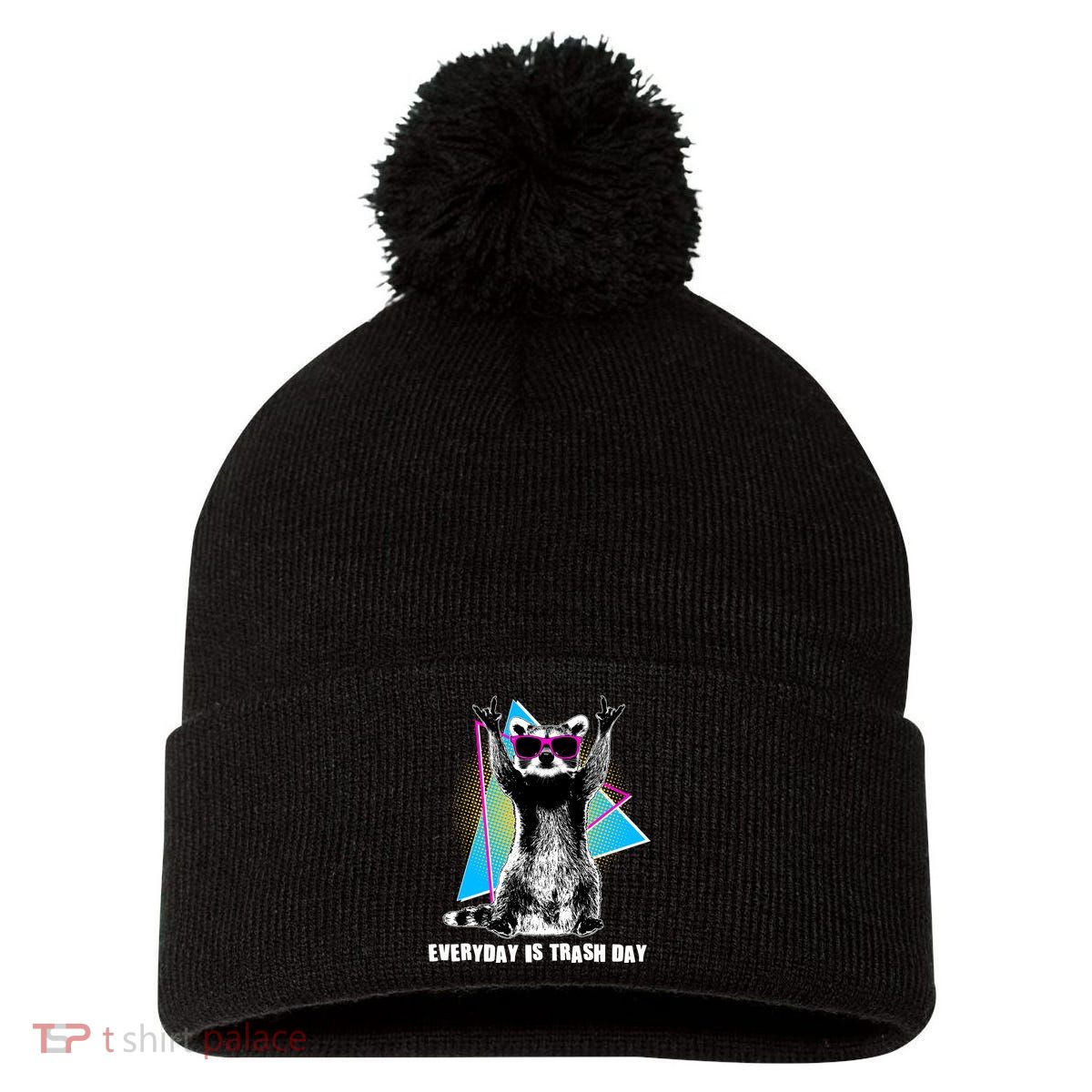 Funny Retro Everyday Is Trash Day Raccoon Pom Pom 12in Knit Beanie