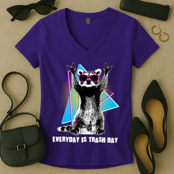 Funny Retro Everyday Is Trash Day Raccoon Women's V-Neck T-Shirt