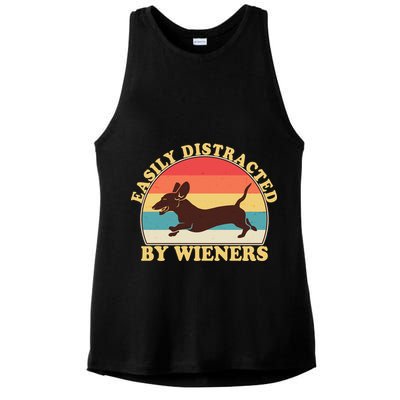Funny Retro Easily Distracted By Wieners Dachshund fan Ladies PosiCharge Tri-Blend Wicking Tank