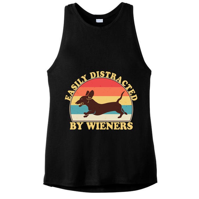 Funny Retro Easily Distracted By Wieners Dachshund fan Ladies PosiCharge Tri-Blend Wicking Tank