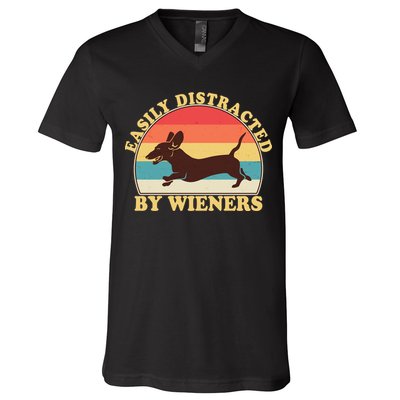 Funny Retro Easily Distracted By Wieners Dachshund fan V-Neck T-Shirt