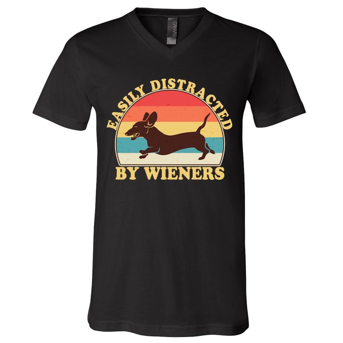 Funny Retro Easily Distracted By Wieners Dachshund fan V-Neck T-Shirt