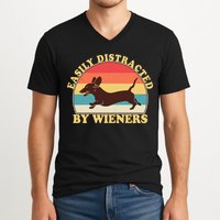 Funny Retro Easily Distracted By Wieners Dachshund fan V-Neck T-Shirt
