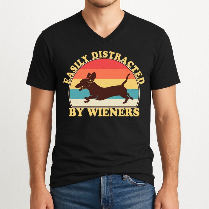 Funny Retro Easily Distracted By Wieners Dachshund fan V-Neck T-Shirt