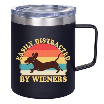 Funny Retro Easily Distracted By Wieners Dachshund fan 12oz Stainless Steel Coffee Mug
