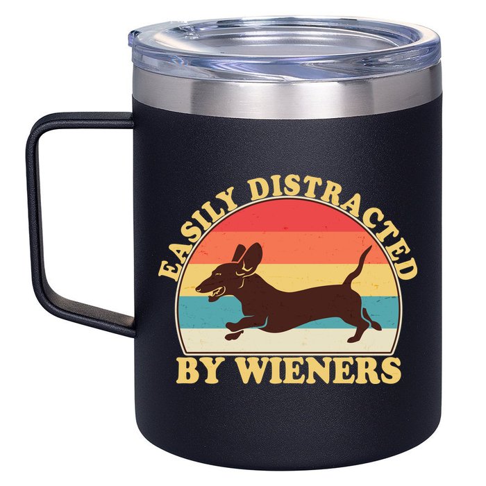 Funny Retro Easily Distracted By Wieners Dachshund fan 12oz Stainless Steel Coffee Mug