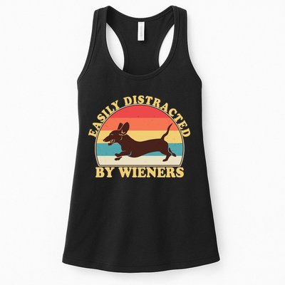 Funny Retro Easily Distracted By Wieners Dachshund fan Womens Tank Top