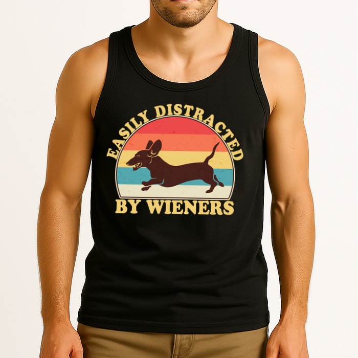 Funny Retro Easily Distracted By Wieners Dachshund fan Tank Top