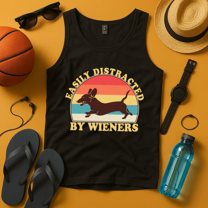 Funny Retro Easily Distracted By Wieners Dachshund fan Tank Top