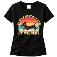 Funny Retro Easily Distracted By Wieners Dachshund fan Womens T-Shirt